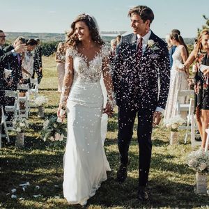 2023 Abiti da sposa sexy della Boemia sottile Maniche lunghe Appliques di pizzo Abiti da sposa da giardino Abiti da sposa lunghi formali personalizzati