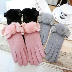 Card Holders Korean Version Of The Five-Finger Socialite Bow With Hair Ball-Finger Cute Thickening Warm Gloves