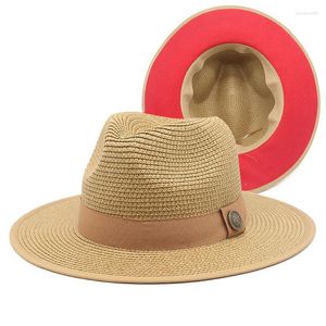 BERETS 2023 패션 여름 여성 넓은 챙레 빨강 바닥 패치 워크 밀짚 모자 chapeau 여성 태양 모자 Sombero Mujer Fedora 모자