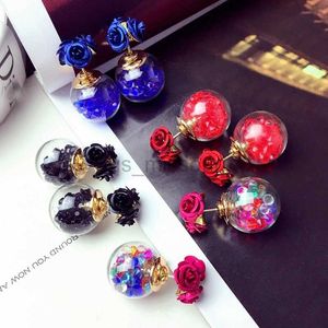 Stud 1Pair Fashion Cute Women Girls Elegancka Wykwintna Ear Stud Cydron Crystal Three Rose Flowers Glass Ball Kolki J230529