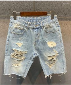 Erkek kot yırtılmış denim şort erkekler açık mavi beşinci pantolon moda all-eşleşme gevşek yünlü bölme dikiş kısa