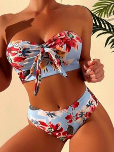 Swim Wear Floral Print Knot Front Bandeau Bikinis 2023 Women Swimsuit Fa Swimwear Sexy Bathers Bathing Swimming Suit Beachwear AA230529