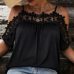 Kvinnors blusar Kvinnor Summer Top Flower Applique Off Shoulder Lace Blue Spaghetti Strap Hollow Out Pleated T-shirt se-Through Lady