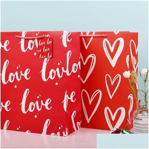 Present Wrap Valentine Love Bag Red Heart Printed Shop Packaging White Kraft Paper