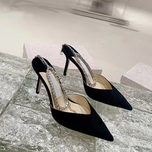 Designer High Heels Luxury Brand High Heels 8,5 cm Crystal Ankle Chain Designskor Bekväma smala Rhindiamonds glänsande fest bröllop sexiga kvinnors skor