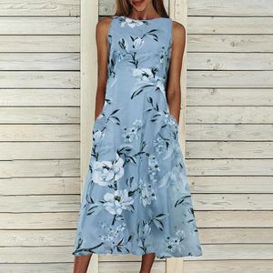 Casual Dresses Summer For Women 2023 Floral Print Mixi Dress Femme Loose O-Neck ärmlös Pocket Beach Plus Size Vestido