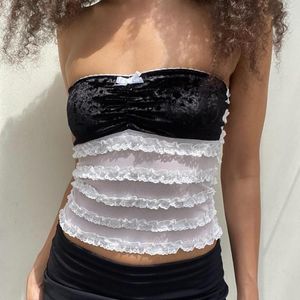 Women's Tanks Summer Y2K Women Wrap Chest Tube Tops Contrast Color Lace Frills Boat Neck Strapless Tank Backless Bandeau Vests