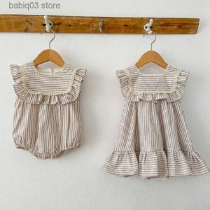 Rompers New 2023 Summer Sisters Clothes Striped Ruffle Baby Girls Loose Mashing Sleeveless Dress Lace Sweet Baby Romper Outfit Clothes T230529