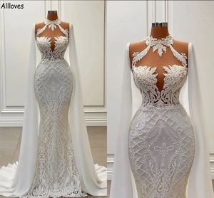 Delicate Lace Mermaid Wedding Dresses Vintage High Neck Lace Appliqued Dubai Arabic Middle East Bridal Gowns With Long Wraps Pearls Beaded Vestidos De Novia CL2321