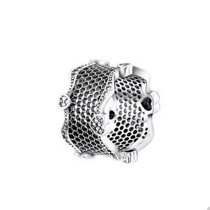 Anello a fascia con cuori in argento sterling 925 per fedi nuziali traforate Pandora Set di gioielli firmati per le donne Regalo fidanzata Anello di lusso con diamanti di cristallo con scatola originale