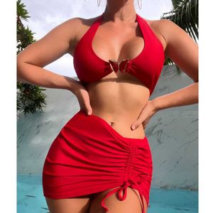 Yüzme Giyim 2023 Kırmızı Seksi 3pcs Bikinis Push Up Kadın Mayo FA Mayo Yüzme Plaj Mayo Bikini Set Plaj Giyim Havuzu Bather AA230529