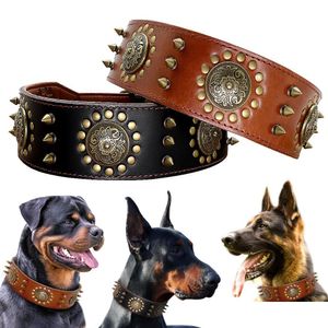 Hundehalsbänder Leinen Leder Großes Halsband Pitbl Spiked Nieten für mittelgroße große Hunde Echtes langlebiges Haustier Braun Drop Lieferung Home Gar DHSYE