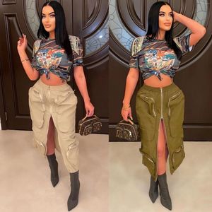 Röcke Plus Size Elastische Taille Khaki Army Green Cargo Rock 2023 Sommer Frauen Y2K Front 3D Taschen Mitte Reißverschluss Midi Streetwear