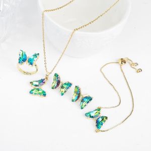 Necklace Earrings Set 21 Colors Butterfly Crystal Romantic Jewelry Ring Bracelet Women's Wedding Dinner Dress Accessories Gift