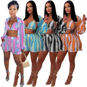 Kvinnors spårningsdräkter Glossy Summer Shirt och Short Set Women's Suit Striped Casual Blus Crop Bras Shorts 3 Piece Set 2023 Streetwear