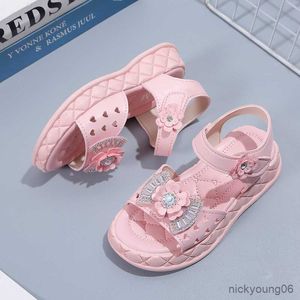 Sandálias Baby Girl Sandals Plataforma Princess Summer Summer Bowtie Rhinestone Shoes 21-36 Beige Pink Children Fashion R230529