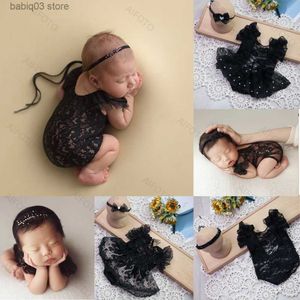 Rompers Newborn Photography Props Girl Dresses Black Lace Headband Set Outfits Bodysuits Romper For Baby Photo Shoot Studio Accessories T230529