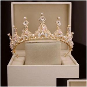 Headpieces Pink Pearl Performance Crown Sweet Crystal Zircon Hair Band Noble Bride Wedding Headwear Parent Child Drop Delivery Party Dh6sh