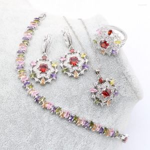 Brincos de decote Conjunto de moda para femininas cor de prata esterlina Multicolor Stones Zirconia Anel de pulseira pingente na moda