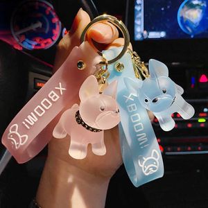 Key Rings Fashion transparent Bulldog charm candy color cartoon cute animal key chain bag pendant Trinket lovers jewelry gift G230526