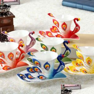 Coffee Tea Sets Ceramic Enamel Mug Dish Set Creative Rose Peacock Cup With Saucer And Spoon Birthday Festival Gift Drop Delivery H Dh5V0