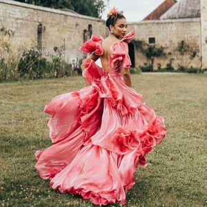 Party Dresses Backless Tie Bow Square Neck Prom Dress Layered Chiffon Evening Long Ruffles Women Pink Ball Gown With Train