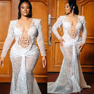 2023 Arabic Aso Ebi White Mermaid Wedding Dress Pearls Sequined Lace See Through Bridal Gowns Dresses ZJ322