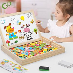 Puzzles 100Pcs Wooden Multifunction Children Animal Puzzle Writing Magnetic Drawing Board Blackboard Learning Education Toys For Kids 230529