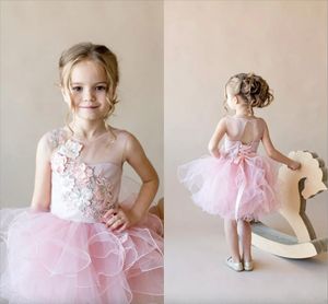 Blush Pink Ręcznie Made Flowers Flower Girl Sukienka Krótka koronkowa dziewczyna Formalne suknie ślubne Śliczna suknia urodzinowa księżniczka