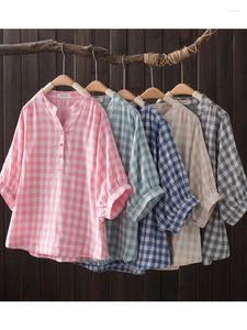 Women's Blouses Lamtrip Vintage Double Layers Cotton Yarn Half Lantern Sleeve Women House Plaid Shirt Blouse 2023 Summer