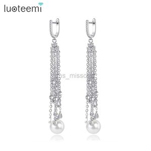 Stud LUOTEEMI Korean Fashion Waterdrop Tassel CZ Pendant Chandelier Dangle Earring For Women Luxury Bridal Imitation Pearl Jewelry J230529