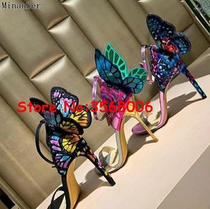 Dress Shoes Wholesale Amazing Multi-color 3D Butterfly Open Toe Thin Heels Sandals Wedding Party Bridal Sexy Ankle Wrap Stiletto