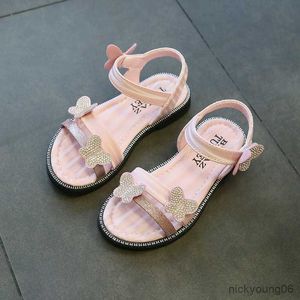 Сандалии летние детские туфли девочки сандалии хрустальная бабочка большие детские сандалии квадратные каблуки для девочек R230529