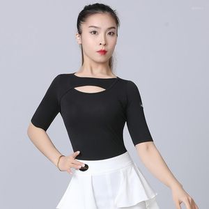 Tops de dança latina de moda para mulheres para mulheres vestido de treinamento profissional de manga média