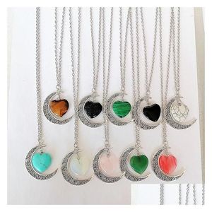 Pendant Necklaces Fashion Hollow Moon Natural Crystal Love Necklace Reiki Mineral Meditation Energy Stone For Women Men Couples Chok Dh0N9