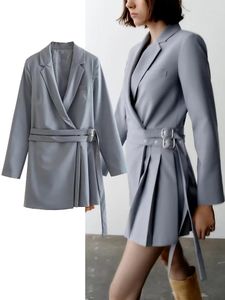 Abiti Casual Abito Blazer Pieghettato Donna Grigio Ufficio Corto Vintage Slim Manica Lunga Pendolare Elegante