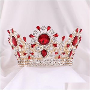 Headpieces Red Zircon Brud Crown Gold Personlig FL Ring Wedding Round European Retro Shining Diamond Luxury Grand Drop Delivery Dhuoi