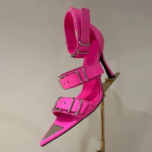 Latest Fashion Pointed High Heel Sandals with Metal Buckle Decoration Stiletto Heel party Pink high-heeled shoes 10cm Dress dinner shoes Luxury Designer Sandals