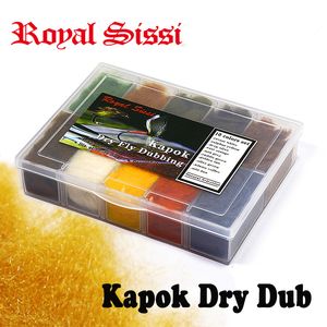 Fiskekrokar Royal Sissi 10Colors Boxed Kapok Dry Fly Dubbing Dispenser Ultra Fil Flugor Naturliga flytande korta fibrer Bindningsmaterial 230526