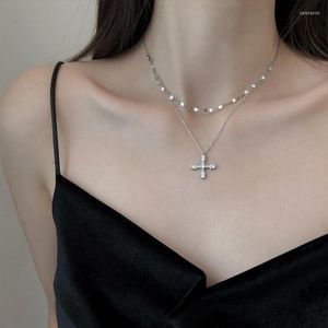 Kedjor 925 Sterling Silver Shiny CZ Cross Necklace For Women Double Layer ClaVicle Chain Wedding Jewelry Choker de Prata