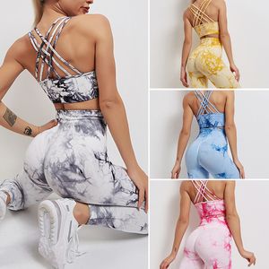 Yoga Outfit Seamless Tie-Dyed Yoga Sets Sports Fitness High Waist Hip Raise Pants Cutout Bra Suit Workout Clothes Gym Leggings Set for Women 230526