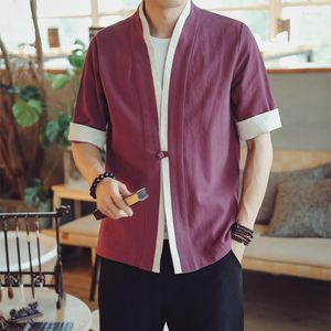 Roupa étnica Branco Vermelho Estilo Chinês Casacos Meia Manga Masculino Terno Tang Japonês Bobina Botão Cardigan Daopao Kimono Solto Preto Azul