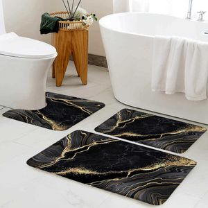 Bath Mats Creative Black Marble Set With Gold Line Grey Texture Mönster Modern Hem Badrumsdekoration Non Slip Mattan U-formad matta
