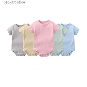 Rompers Newborn Baby Boy Clothing One-Pieces Solid Color Baby Girl Bodysuit Short Sleeves Cotton 3-24 Months Shoulder Buckle Romper T230529