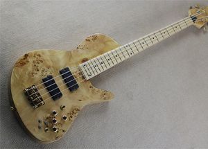 4 strängar Natural Wood Color Electric Bass Guitar Burl Spalted Maple Top One Piece Neck genom Ash Body 9V Battery Active Pickup Rosewood Maple Fingleboard