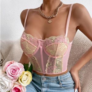 T-shirt Koltailace Cami Lace Top Pink Yellow Floral Women Camisole Justerbar rem Backless Summer Sexig Crop Top