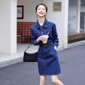 Casual Dresses Classic Blue Women Denim Dress with Belt 2023 Spring Summer Korean Style All-Matched Slim Office Lady Short Jean