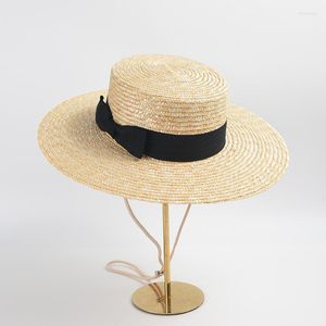 Berretti Luxury Women Men Brim Boater Hat Gatsby Straw Designer Bow Chin Strap Beach Sun Summer Fedora Cappelli di protezione UV