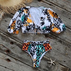 Swim Wear Women's SwimeWear 2023 Ny sexig färgglada leopard Bikinis kvinnor Hög midja baddräkt Kort ärm Badkläder baddräkt strandkläder kvinnliga biquini aa230529