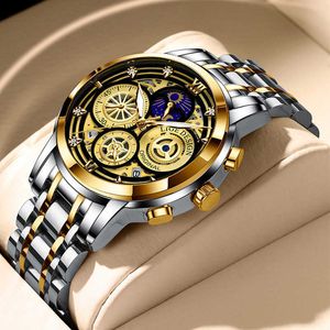 Lige Herrens ursprungliga vattentäta rostfritt stål Quartz Fashion Business Sun Moon Star Luxury Watch G230529